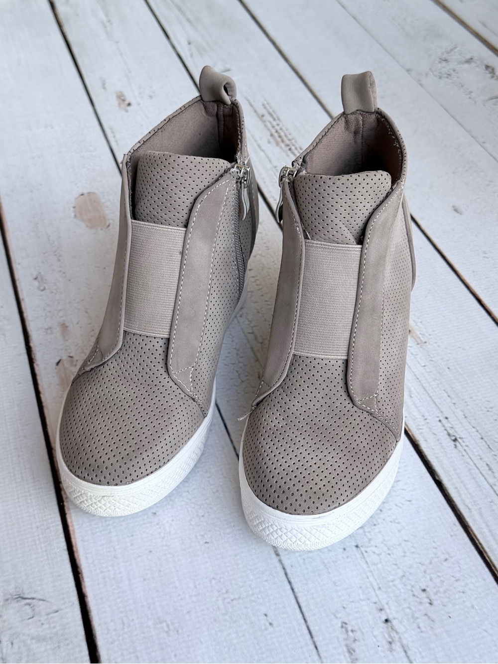 Ccocci Zoey Perforated Slip-On Hidden Wedge Sneaker Booties Taupe Size 5.5